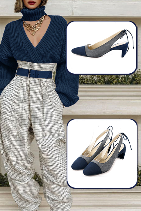 Women's navy blue and dark grey elegant slingback heels. Round toe. Medium comma heels - Worn view